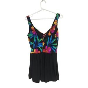 Black Tropical‎ One-Piece Swim Dress Size 12